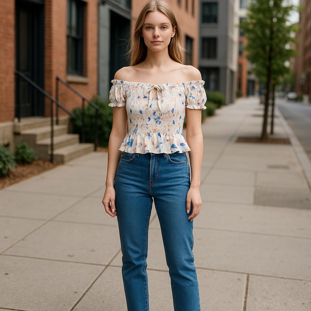 BCBGeneration Off the Shoulder Smocked Crop Top with Ruffle Hem